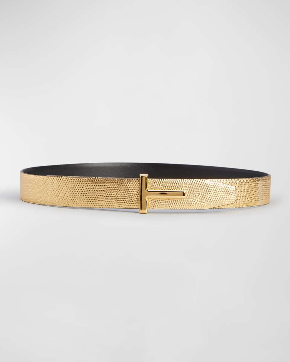Golden Lizard-Embossed Reversible Leather Belt